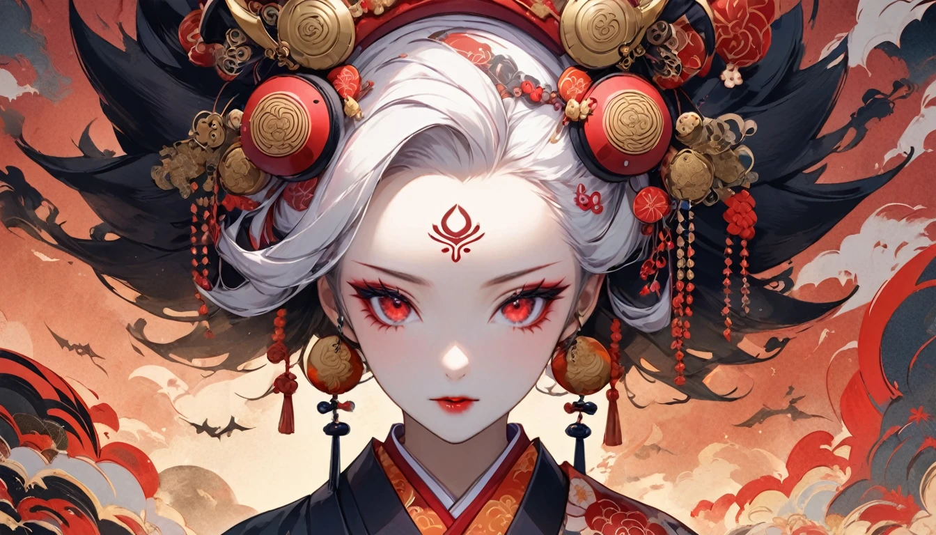 Ink painting, (((1 girl))), (((Tattoo in the middle of the forehead))),(((In the background is the Akatsuki moon))), (((Oiran))), (((Great hair accessories))), Japanese style headphones, Demon possession, (((Red eyes with an inscription inside them))),Face up close, Japanese beauty, White hair, Sensitive and precise, Modern Ukiyo-e style