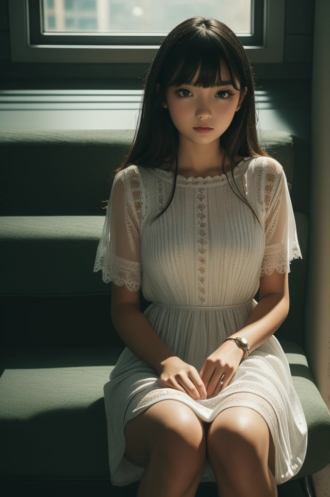 girl, sitting, dress, ultra-detailed face, (((masterpiece)))