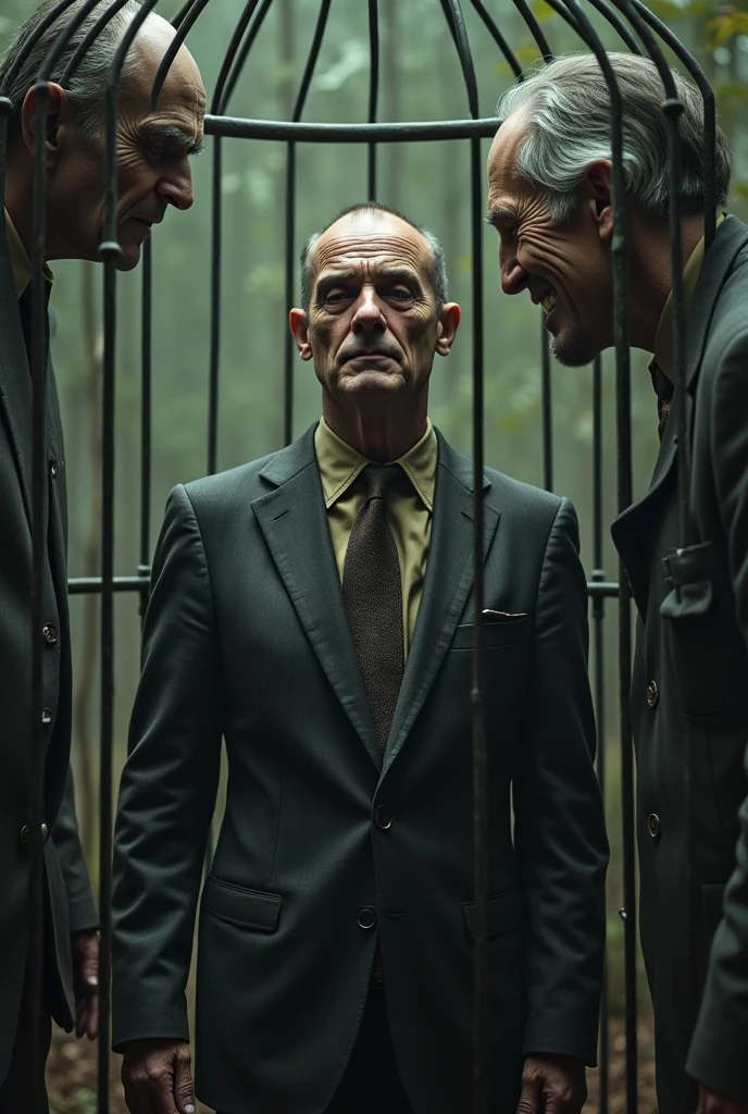 A man in a suit in a birdcage、Worn out suit、Looks sleepy、Signs of death、A face that looks like it has strong thoughts、Dissatisfied、Giant humans are looking at the man in the birdcage with a grin.