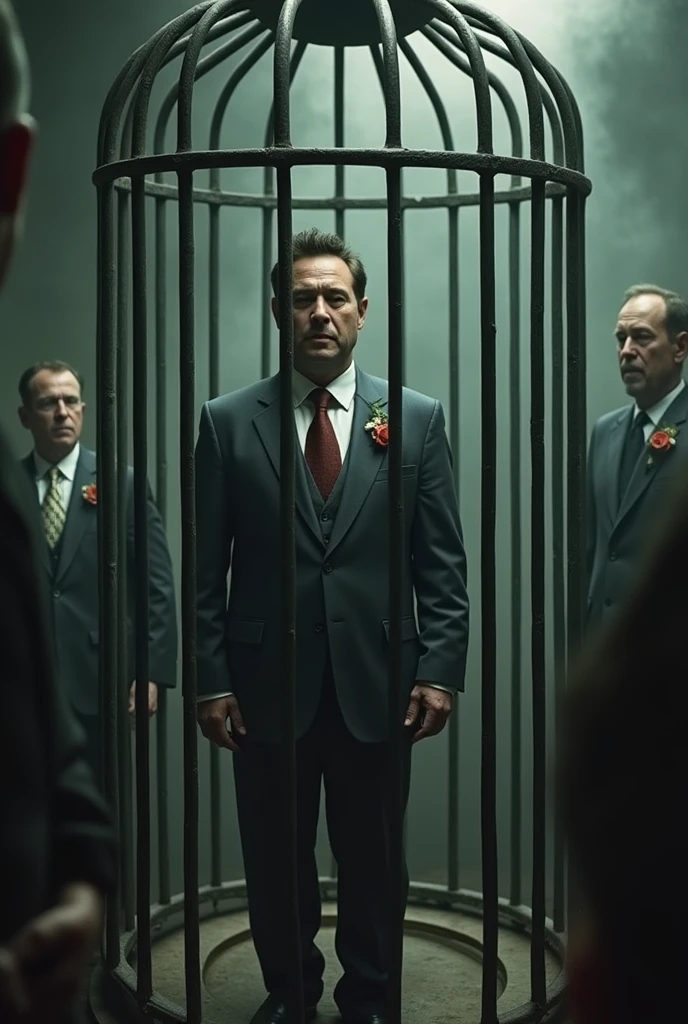A man in a suit in a birdcage、Worn out suit、Looks sleepy、Signs of death、A face that looks like it has strong thoughts、Dissatisfied、Giant humans are looking at the man in the birdcage with a grin.