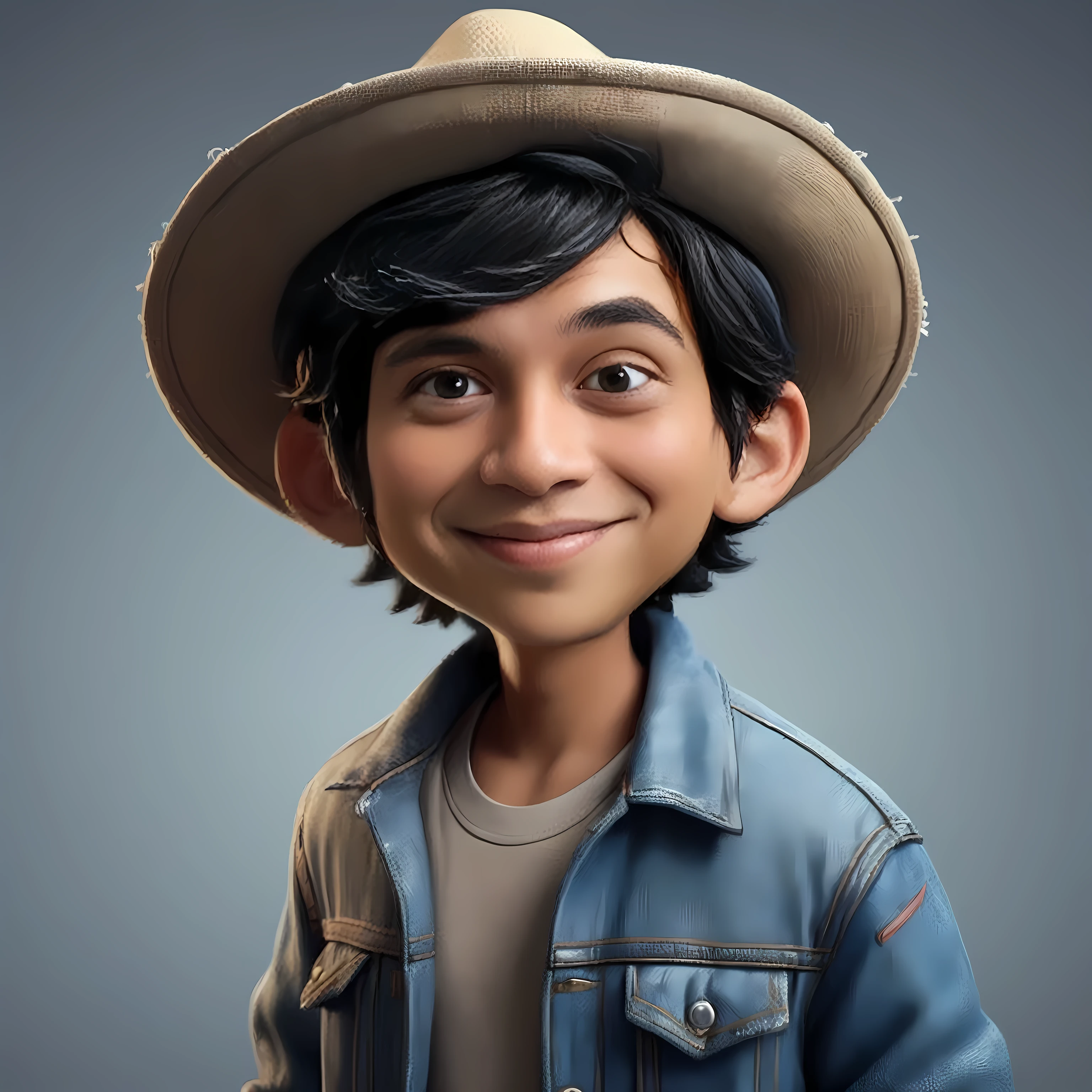 Create a cartoonish caricature 3D animation of a big-headed. a 19 year old Indonesian man. She has short black pixie cut hair. His face is oval with smooth lines, thick and neat black eyebrows, small eyes, a small, sharp nose, and thin lips with a wide, friendly smile. He wore a dark green hoodie over an orange t-shirt. Gradient blue background. masterpiece, top quality, highly detailed skin and face, ultra-realistic, high definition, sharp focus, 2/3 body angle, Concept Art.