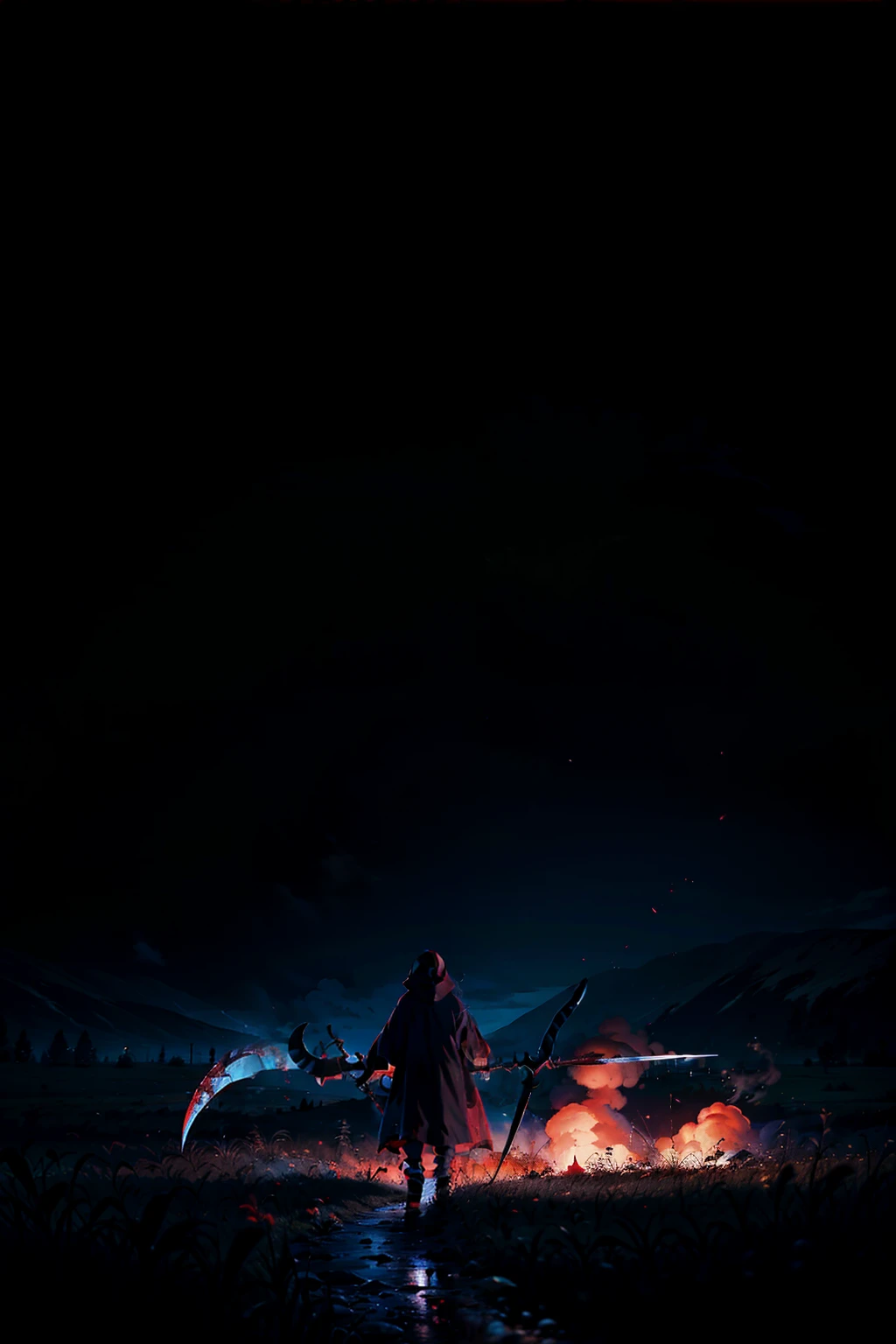 Triss from The Witcher, dressed in a dark robe with a hood with blood, in his hands is a scythe with a red flame, against the backdrop of a gloomy military landscape, an atmosphere of sadness and hopelessness, deep shadows, cool colors, a high resolution, detailed composition,
