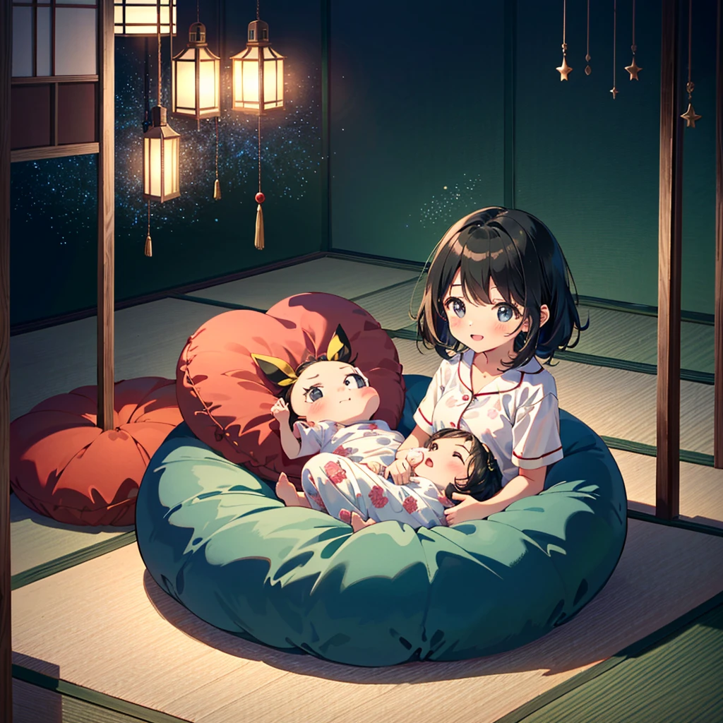 {{{Masterpiece, highest quality, high resolution background}}}, bright and beautiful atmosphere, 1 girl (7 years old, round face, baby face), small breasts, large tatami room, many futons, in pajamas , girls throwing pillows, a very happy atmosphere, "deltamon_sdXL :0.73) >Deltamon"
