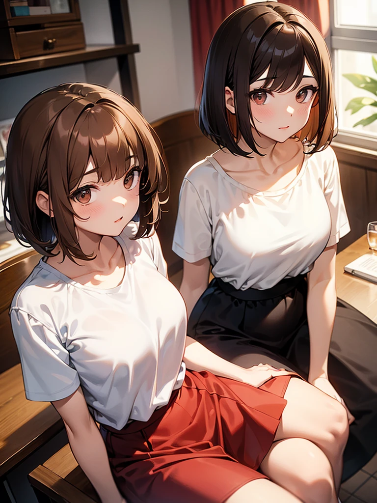 Brown Hair:1.3. Wavy Hair:1.3. Bob Cut Hair:1.6. Round Eyes Beauty:1.3. Well-shaped breasts, large breasts, brown eyes, side-swept bangs:1.6. My cheeks are red:1.3 Pills on a table Small glass of water White blouse Short sleeves Stylish Red long skirt Apartment room Sitting on a chair Table