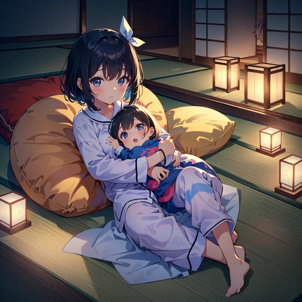 {{{Masterpiece, highest quality, high resolution background}}}, bright and beautiful atmosphere, 1 girl (, round face, baby face), small breasts, large tatami room, many futons, in pajamas , girls throwing pillows, a very happy atmosphere, "deltamon_sdXL :0.73) >Deltamon"