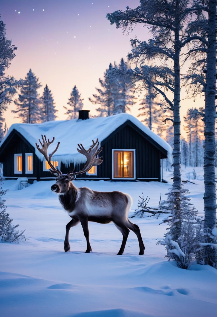 8K quality, ultra-high definition reality, Arctic Lapland, reindeer, indigenous Sami people and their reindeer, traditional costumes, winter, the winter solstice is approaching, short daylight hours, pure white ground, wooden houses, the reindeer's white breath, dark indigo sky, stars are visible, a scene just before Christmas, warm light leaking from the windows of the houses.