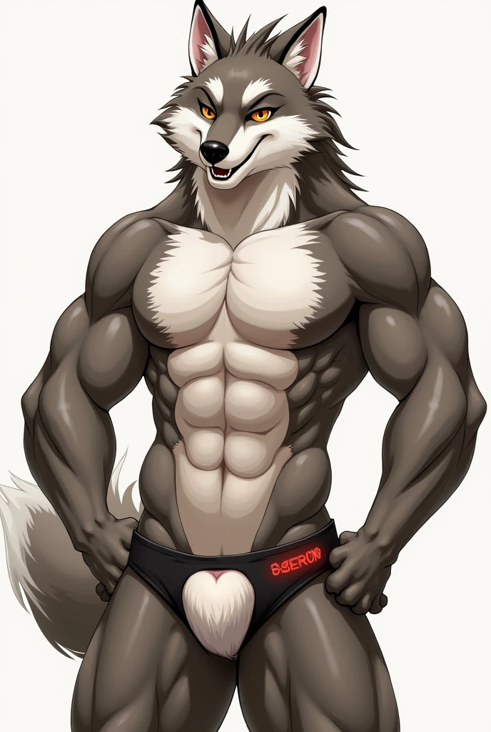 Furro in a very well endowed jockstrap,muscular ,Only ,cheered up, Biggest wolf in the pack , in realistic style , drawn, normal muscular como el anterior dibujo pero muscular con el pene afuera del suspentorio