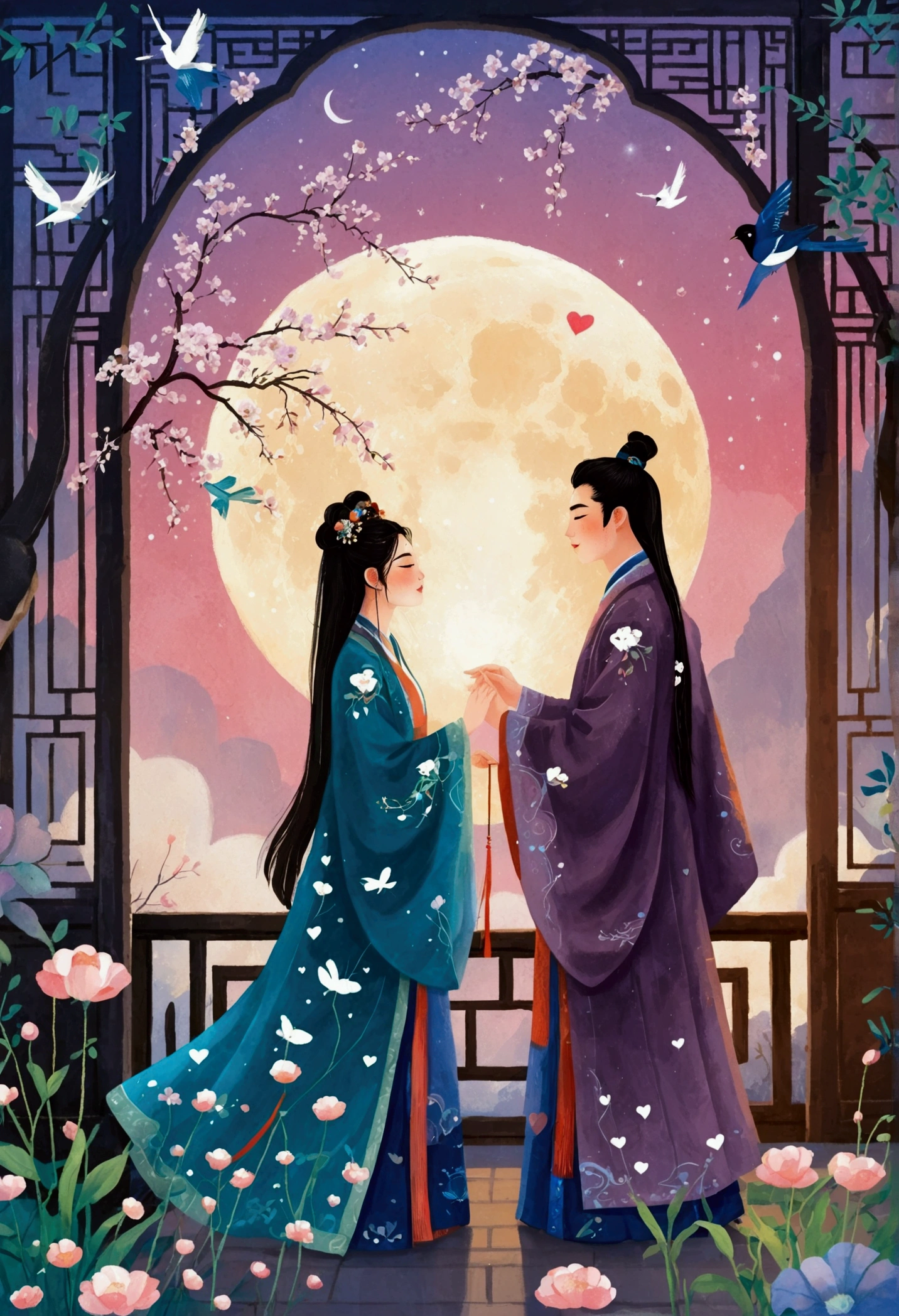 Wool felt style，Surreal space，abstract，Valentine&#39;s Day，Ancient Chinese Mythology，Hanfu，Boys and girls snuggle together，Standing on the arch bridge，A calf stands at the boy&#39;s feet，Fluffy love heart，Fluffy clouds，Star，Beautiful moon，Magpie，Grass，Flowers，In a dream，A vibrant and fun way to set the stage，Blue, purple and pink tones，Bright，Art