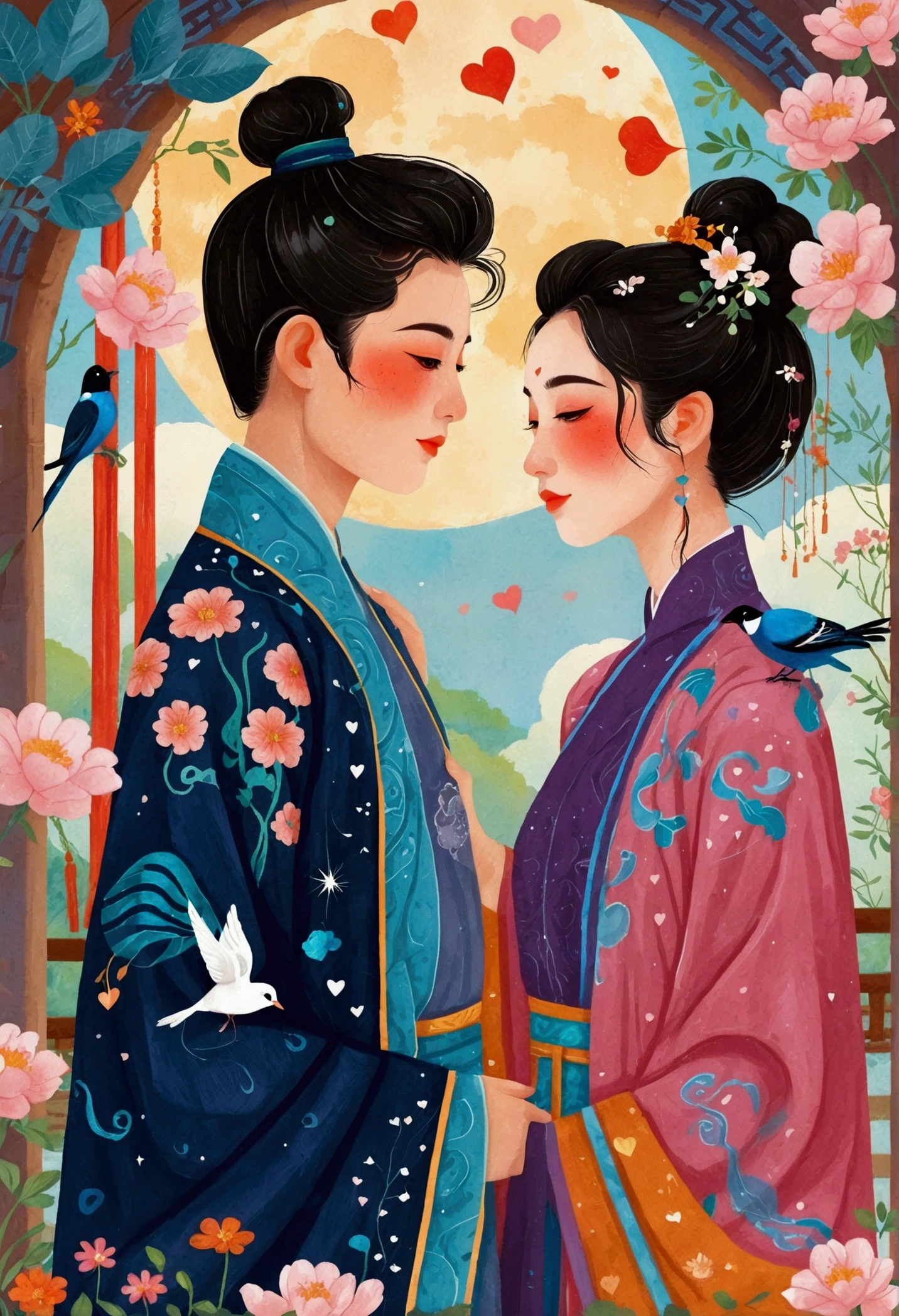 Wool felt style,Surreal space,abstract,Valentine's Day,Ancient Chinese Mythology,Hanfu,Boys and girls snuggle together,Standing on the arch bridge,A calf stands at the boy's feet,Fluffy love heart,Fluffy clouds,Star,Beautiful moon,Magpie,Grass,Flowers,In a dream,A vibrant and fun way to set the stage,Blue, purple and pink tones,Bright,Art
