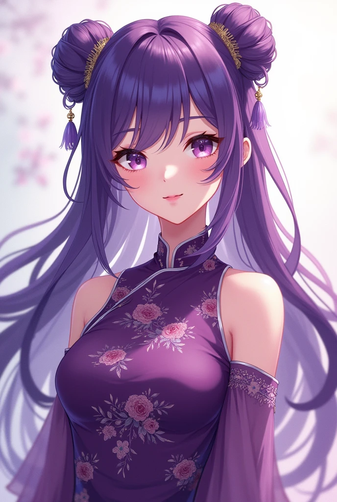 Purple hair, adult woman, purple, Chinese dress, twin buns, whole body, toes, front, anime