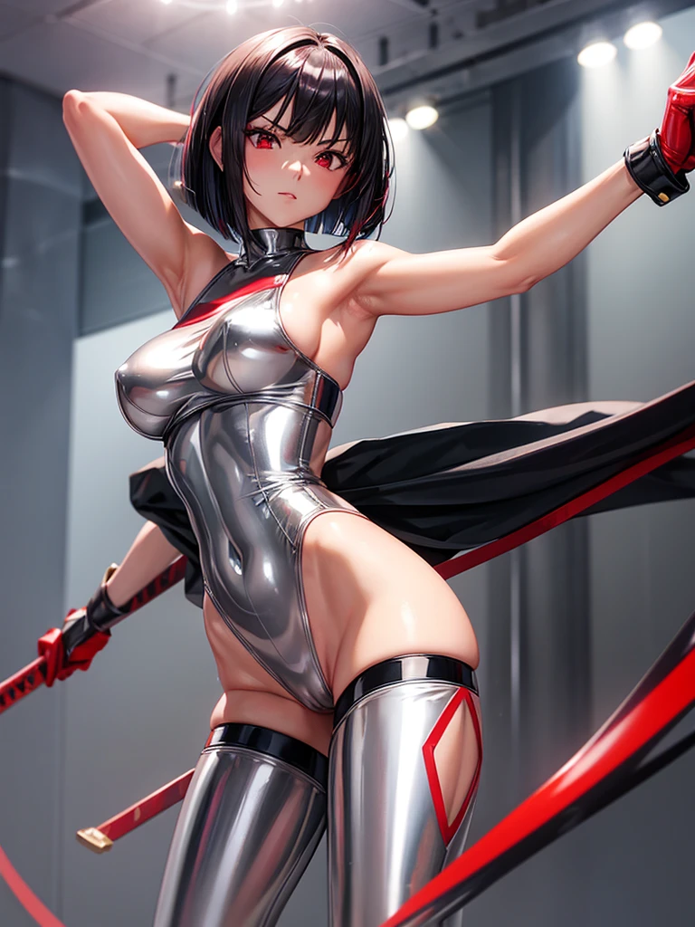 solo girl,Glossy metalic light silver tank top, tight latex shiny, Red interpolation color,Black hair bob,red eyes, camel toe, Samurai Sword,
Lift one leg, sexy lady, โชว์กางเกงใน girl,