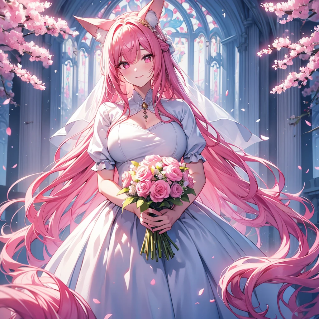 Bride with long pink hair holding a wedding bouquet in both hands，Fox ears and tail，wedding gown，Hold flowers in both hands，Garden background outside the church，Gorgeous light wedding dress with a long skirt，Cherry blossoms flying，Flowing skirts and hair，43 compositional method，the golden ratio，Pupil highlight，Meticulous facial depiction，Facial flushing，ssmile，Natural light，The picture is bright，Pink theme，Meticulous characterization，Meticulous scene depiction，Meticulous hand depiction，Meticulous eye depiction，Meticulous bouquet depiction，Scene blanking，Blue sky，Pupillary details，Finger details，with fair skin，Multi-layered pupils，Huge eye kernel，Character Spotlight，depth of fields，4k，8k，hight quality，High pixel accuracy，High pixel，HighestQuali