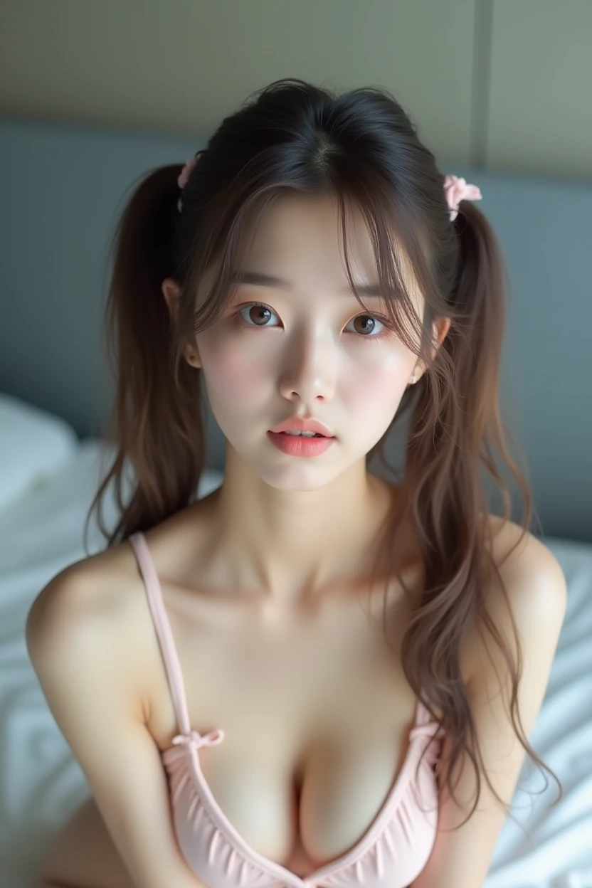 South Korean girl, sexy, beauty , Top half of the image, Realistic, South Korea. star, nude, Very good, nude, At the bed, Looking into the camera, Twin tails, Showing pussy, logic, 引き締まった腹logic, light makeup, White skin, beauty face