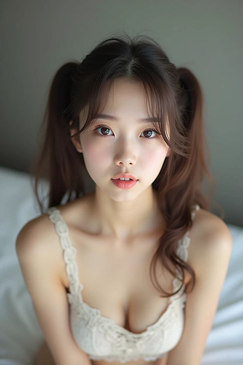 South Korean girl, sexy, beauty , Top half of the image, Realistic, South Korea. star, nude, Very good, nude, At the bed, Looking into the camera, Twin tails, Showing pussy, logic, 引き締まった腹logic, light makeup, White skin, beauty face