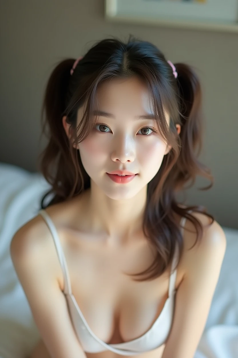South Korean girl, sexy, beauty , Top half of the image, Realistic, South Korea. star, nude, Very good, nude, At the bed, Looking into the camera, Twin tails, Showing pussy, logic, 引き締まった腹logic, light makeup, White skin, beauty face