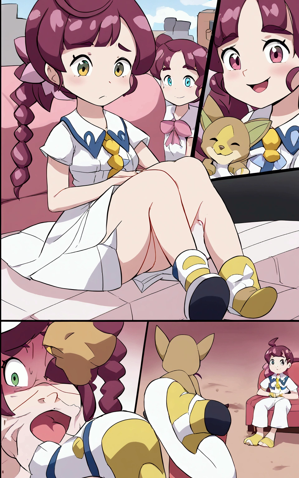 a girl sitting on the sofa,The feet were covered with dirt,Dirt - Skin, dirt stains, Detailed feet POV, english cartoons,comics