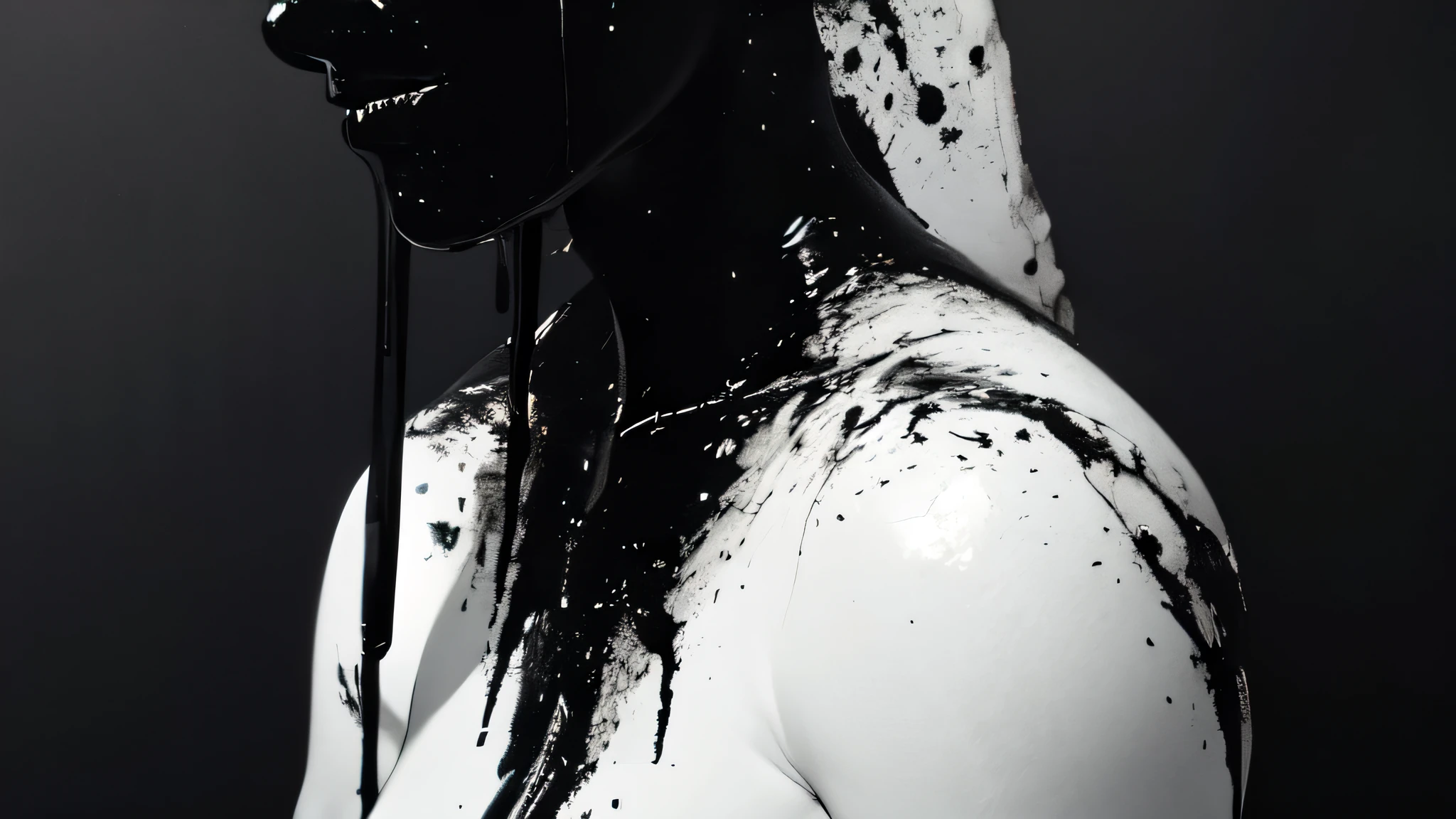 bs, solo, simple background, monochrome, upper body, greyscale, bodysuit, black background, 1other, monster, arms at sides, horror (theme),