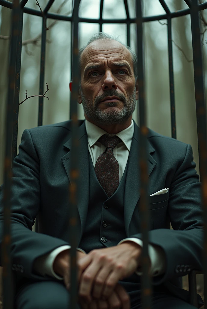 A man wearing a suit like a dwarf in a birdcage、Worn out suit、Looks sleepy、Signs of death、A face that looks like it has strong thoughts、Dissatisfied、Giant humans are looking at the man in the birdcage with a grin.