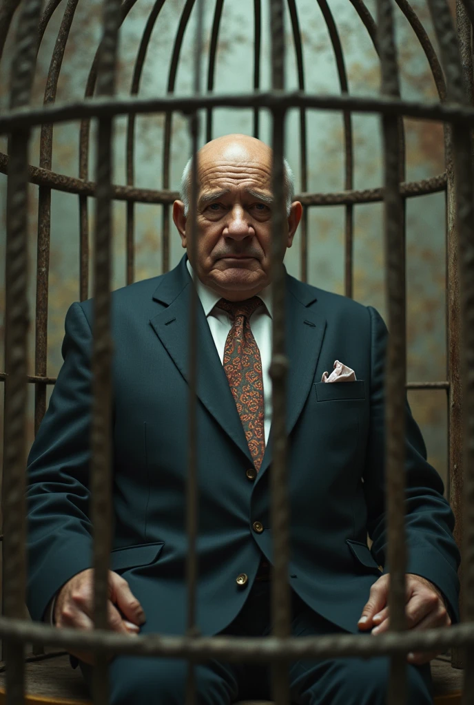 A man wearing a suit like a dwarf in a birdcage、Worn out suit、Looks sleepy、Signs of death、A face that looks like it has strong thoughts、Dissatisfied、Giant humans are looking at the man in the birdcage with a grin.