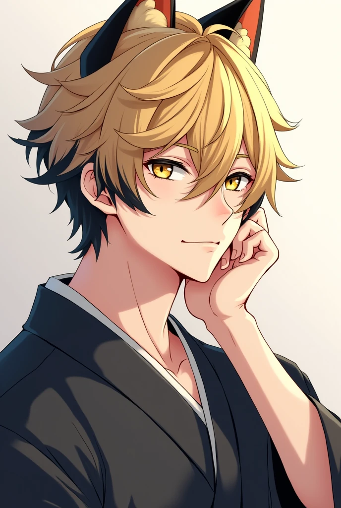 anime male Blonde kimono Only the tips of the hair are black Cheek resting on hand Cat Eyes