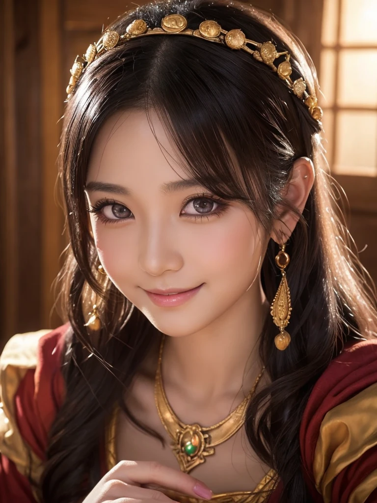 a detailed portrait of Minea the fortune teller from Dragon Quest IV, 1 japanese woman, beautiful detailed eyes, beautiful detailed lips, extremely detailed face and features, long eyelashes, smile,intricate cosplay, alchemist costume, fantasy, JRPG, digital painting, cinematic lighting, dramatic pose, warm color palette, masterpiece, 8K, photorealistic, highly detailed, concept art style