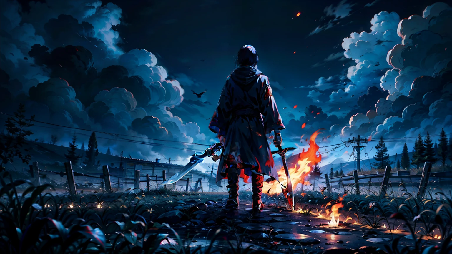 Triss from The Witcher, dressed in a dark robe with a hood with blood, in his hands is a scythe with a red flame, against the backdrop of a gloomy military landscape, an atmosphere of sadness and hopelessness, deep shadows, cool colors, a high resolution, detailed composition,