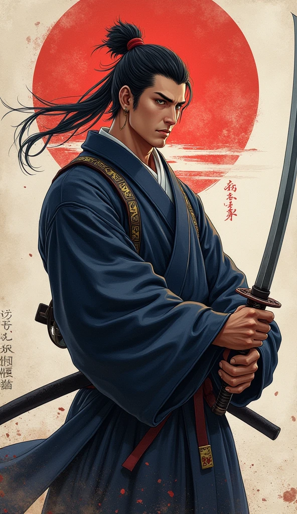(Highest quality、 8k 、masterpiece、High resolution)、Japanese Samurai、1. Man、A young Edo period swordsman、Musashi Miyamoto、Dual-wielding master、Holding the hilt of a sword、Anime Art、(The blade is about 80cm long.、The stem is short, about 20 cm.、The sword has a rounded tsuba)、Official Art、Detailed CG、