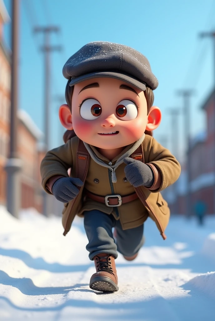 Pixar style, animation, 3d, journalist, 1900s, Russia, snow background, journey, camera, 30s age, adventure, running , movie poster, high quality, cartoon, running face expression,