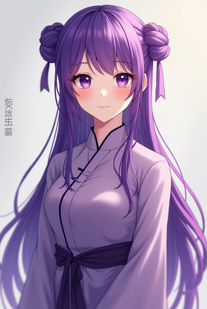 Purple hair, adult, adult face, woman, purple, Chinese dress, twin buns, whole body, toes, front, anime