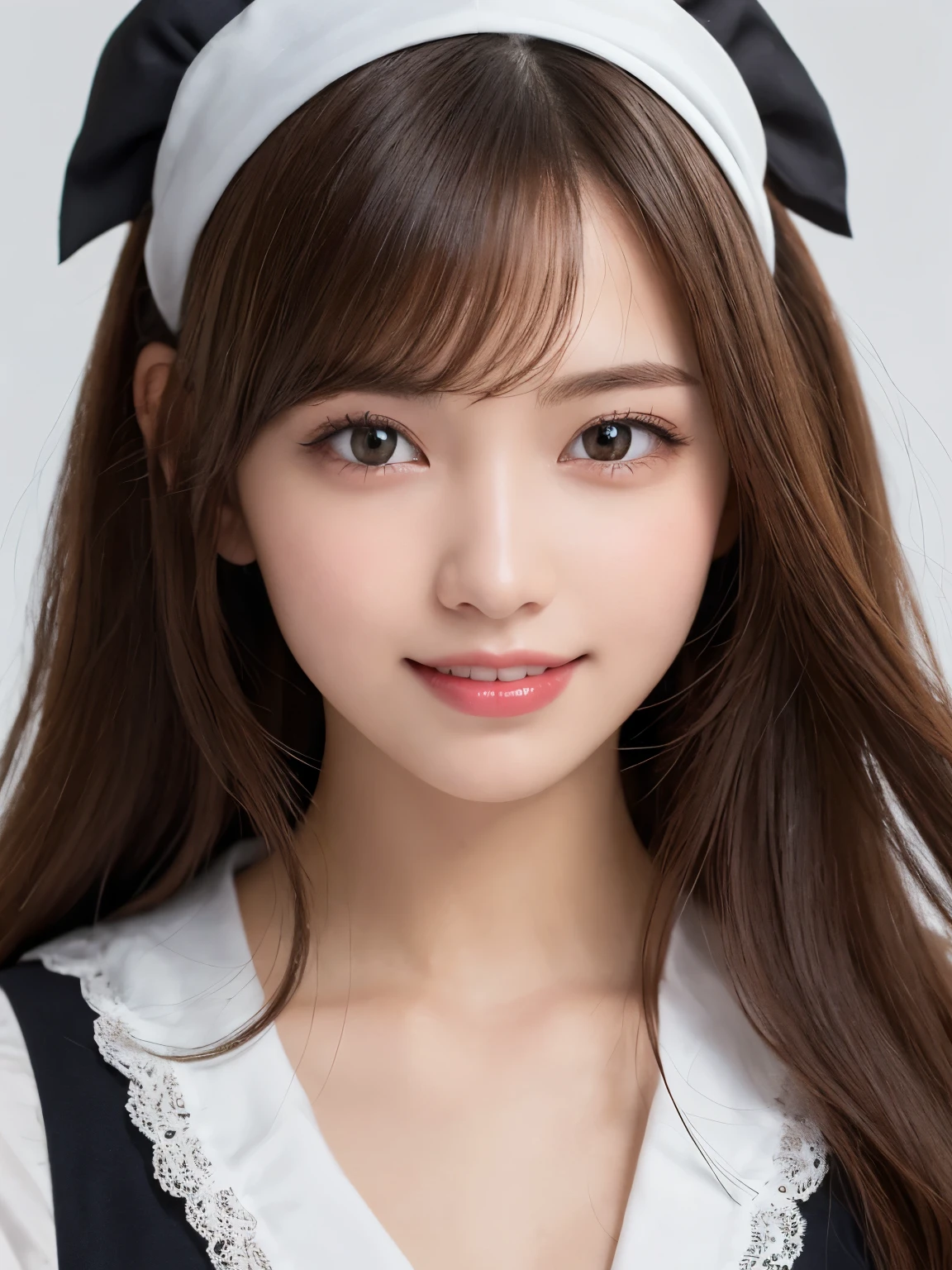 white background, half body portrait, bust shot, looks happy, smile, one girl, (a beauty girl, delicate girl:1.3), (20 years old:1.3), break, (halloween maid clothes), break, very fine eyes, (symmetrical eyes:1.3), break, C cup breasts, brown eyes, parted bangs, brown hair, (smile), break, (eyes and faces with detailed:1.0), break, (masterpiece, best quality, ultra detailed, detailed face, 8k)
