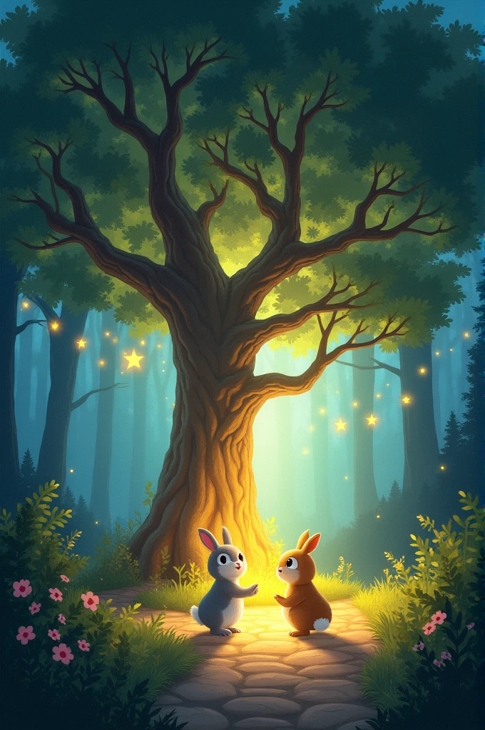 The Kindness Tree illuminating a forest path at dawn, guiding a little rabbit and an owl toward the rabbit's home. The path is bathed in a gentle, magical light.