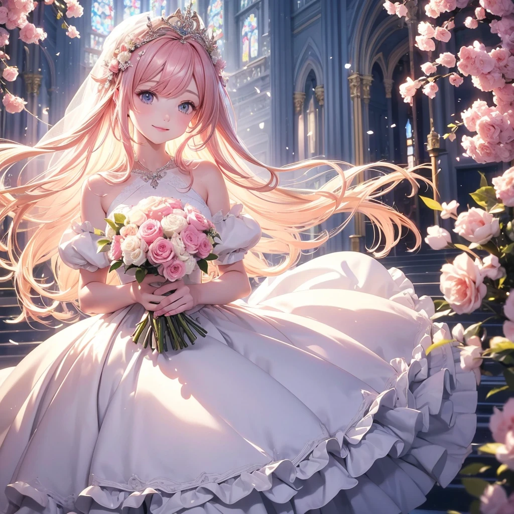 Bride with long pink hair holding a wedding bouquet in both hands,Fox ears and tail,wedding gown,Hold flowers in both hands,Garden background outside the church,Gorgeous light wedding dress with a long skirt,Cherry blossoms flying,Flowing skirts and hair,43 compositional method,the golden ratio,Pupil highlight,Meticulous facial depiction,Facial flushing,ssmile,Natural light,The picture is bright,Pink theme,Meticulous characterization,Meticulous scene depiction,Meticulous hand depiction,Meticulous eye depiction,Meticulous bouquet depiction,Scene blanking,Blue sky,Pupillary details,Finger details,with fair skin,Multi-layered pupils,Huge eye kernel,Character Spotlight,depth of fields,4k,8k,hight quality,High pixel accuracy,High pixel,HighestQuali