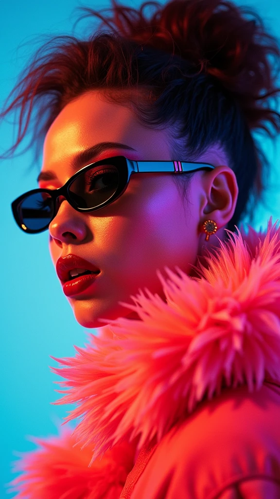 "bold 80s fashion portrait, neon colors, oversized silhouettes, heavy makeup, punk rock vibe"