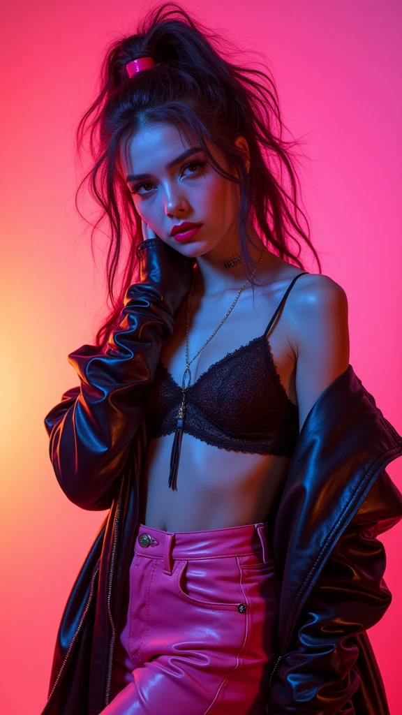 "bold 80s fashion portrait, neon colors, oversized silhouettes, heavy makeup, punk rock vibe"