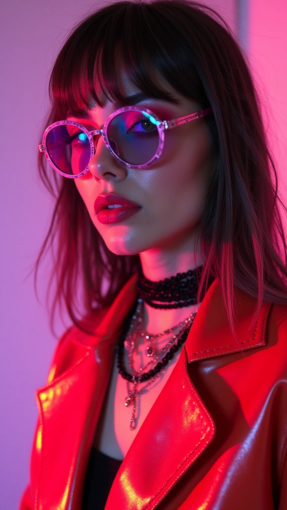"bold 80s fashion portrait, neon colors, oversized silhouettes, heavy makeup, punk rock vibe"