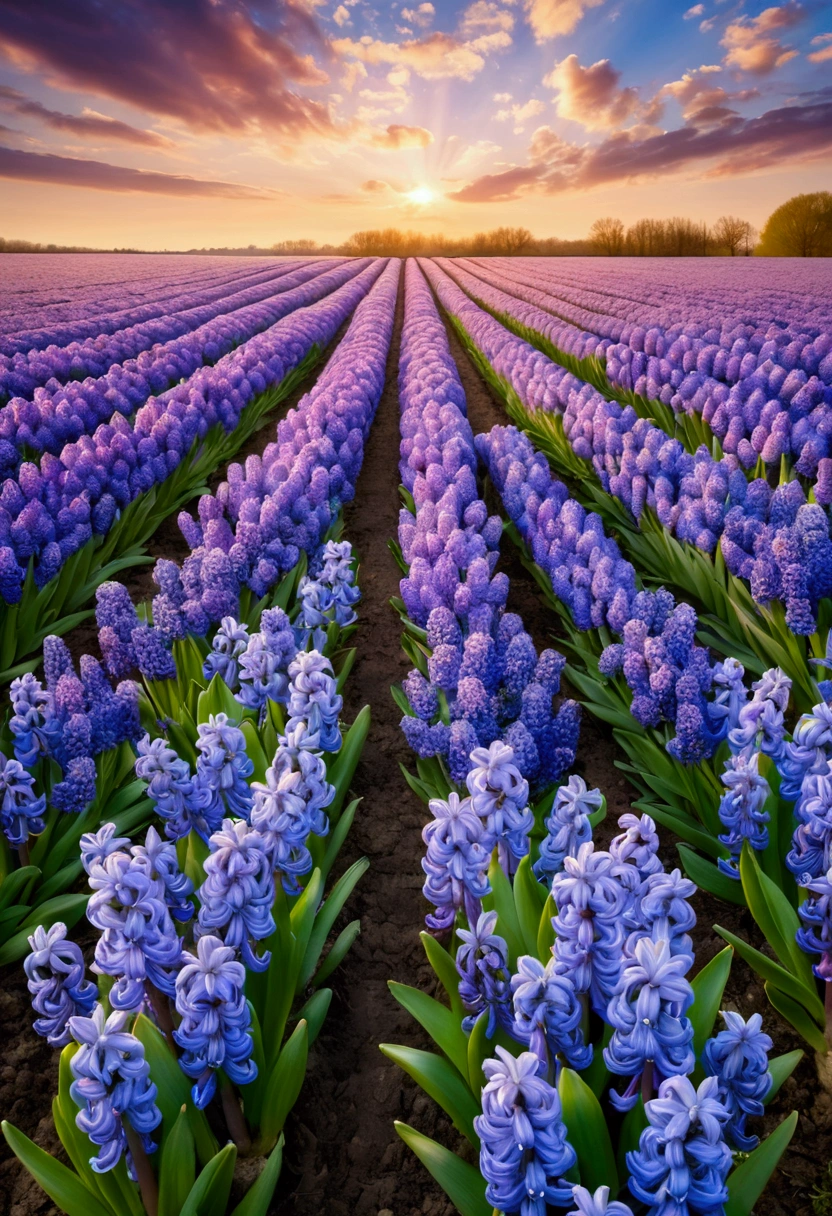 Field with many hyacinth flowers, The clouds represent a blue sunset