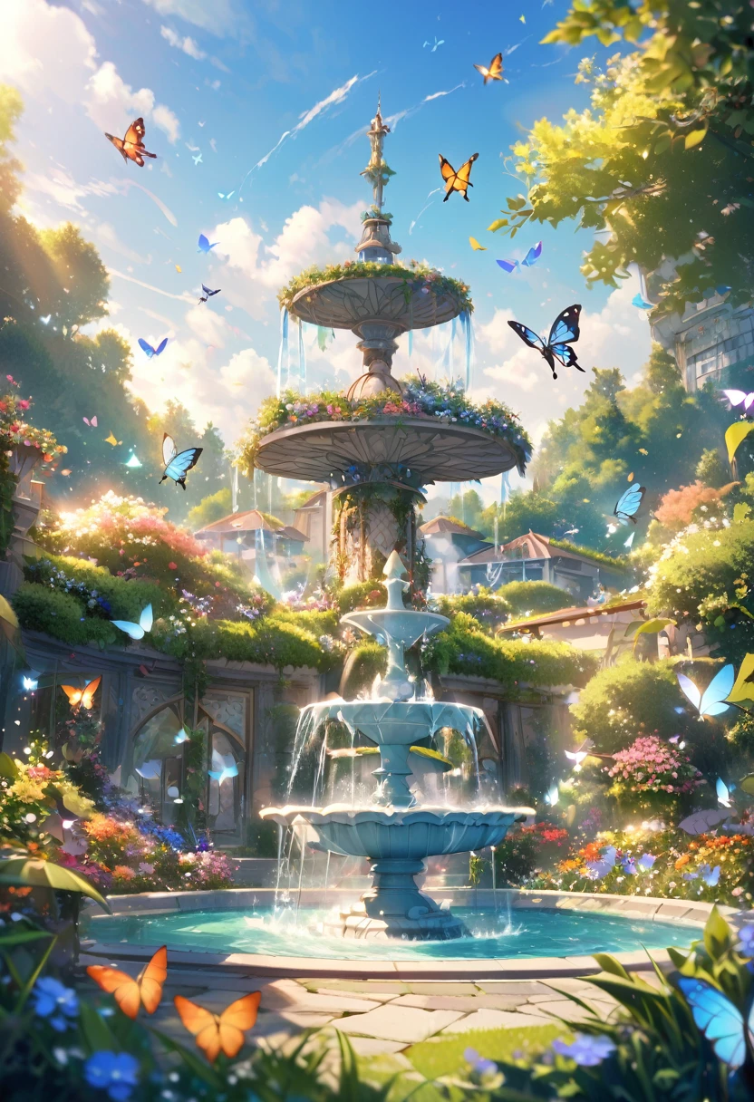 A peaceful garden with beautiful water fountain and lots of colorful butterflies flying in the air. Giving a magical moment within the place. In 8k ultra high definition image.
