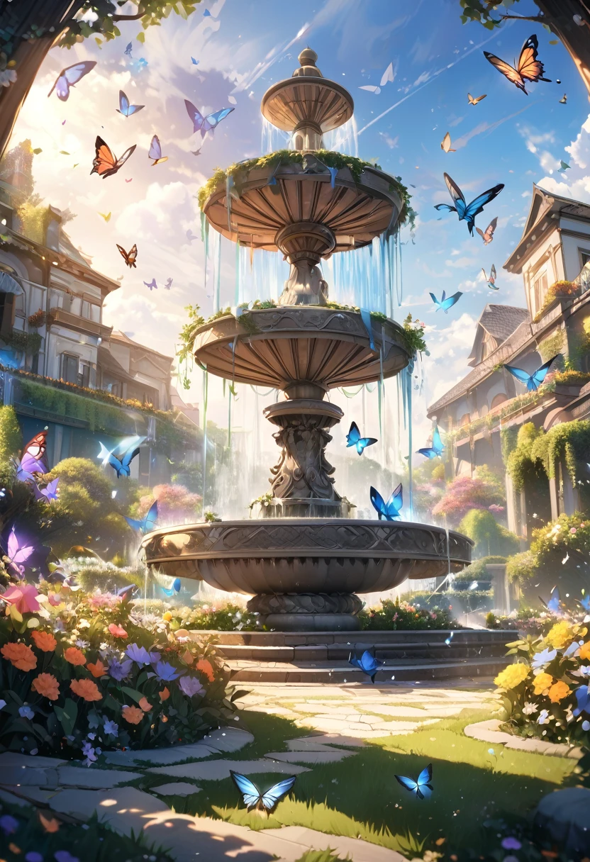 A peaceful garden with beautiful water fountain and lots of colorful butterflies flying in the air. Giving a magical moment within the place. In 8k ultra high definition image.