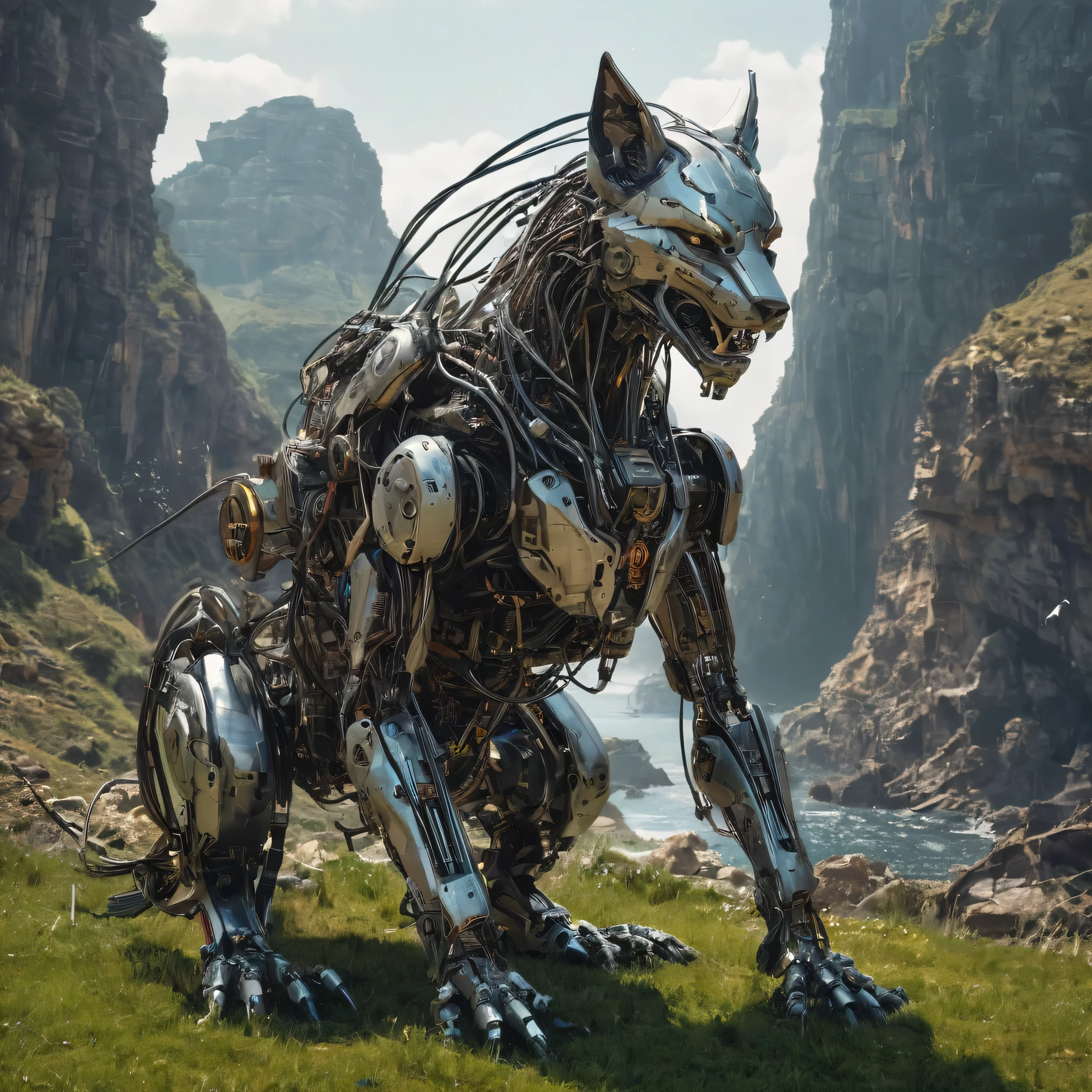 cybernetic robot  . android, AI, machine, metal, wires, tech, futuristic, highly detailed, sunrise  animal  (Encountering mythical beasts) (Amongst manticores and chimeras)     , score_9, score_8_up, score_7_up, score_6_up, score_5_up, score_4_up, adorable, beautiful adorable fox, sitting on grass, beautiful landscape, futuristic, hyper detailed, jagged rocks and cliffs, big structures, wires, dark and gloomy