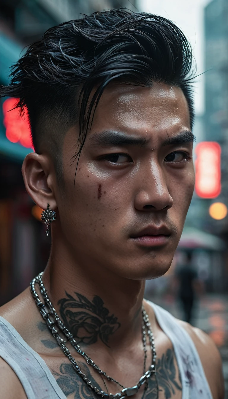 ((Face close-up)), a man, extremely handsome, 15 years old, muscular, tattooed, wearing a necklace, hair tied up, street scene, gangster style, romance, Hong Kong cinema. Their eyes are filled with sadness and longing. The background is a trail of blood and violence. Cinematic light, high detail, 8k, artstation, conceptual art, dark fantasy. Photo taken with a Canon EOS R5 85mm f/11 camera, ((sharp)) mode of the person and the surrounding scene. Image quality ((8K)), ((realistic)), ((masterpiece)), ((sharpest and highest contrast)), ((great depth of field)), ((stereoscopic light)), ((angry, fierce)), detailed pores, ((looking straight at the camera))