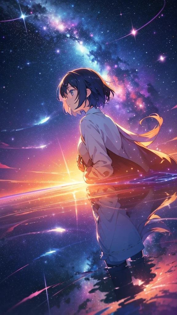 anime girl looking at the stars in the sky, endless cosmos in the background, beautiful anime artwork, anime art wallpaper 4k, anime beautiful peace scene, anime art wallpaper 4 k, dreamy psychedelic anime, beautiful anime art, on a galaxy looking background, looking out into the cosmos, makoto shinkai cyril rolando, anime girl walking on water