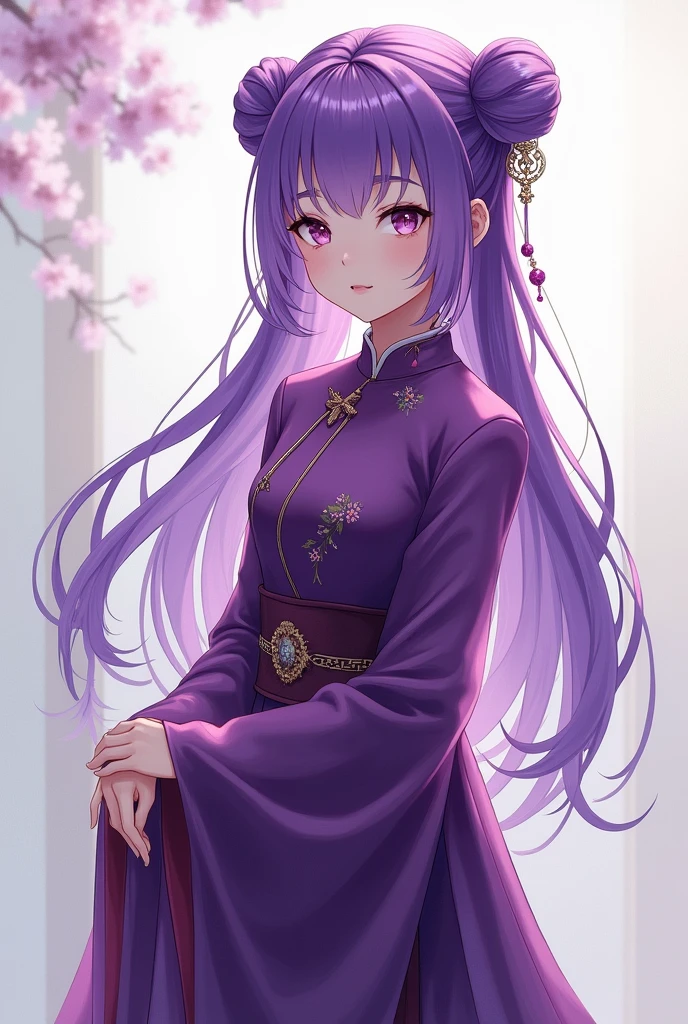 Purple hair, adult, adult face, woman, purple, Chinese dress, twin buns, whole body, toes, front, anime