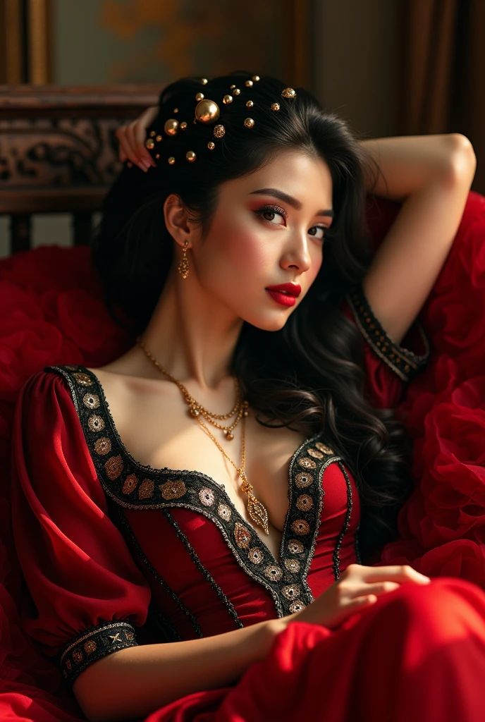 Schedule ))Hollywood style concept art, hair ornaments, necklace, navel, Sultan's Concubine Dress, air, fine details, Foam construction made of chiffon and lace,Red, black, gold, Mature woman looking at the viewer,(( while lying down)), Flirtatious pose ,((seductive)),Night Colors,Sun Splashes,Details in Arabic fairy tale style,((bedroom)),Aesthetically pleasing,Beautiful,Realistic,Professional photos,High Resolution,high detail,Hyper-realistic portrait,UHD32K, majestic figure, medieval style