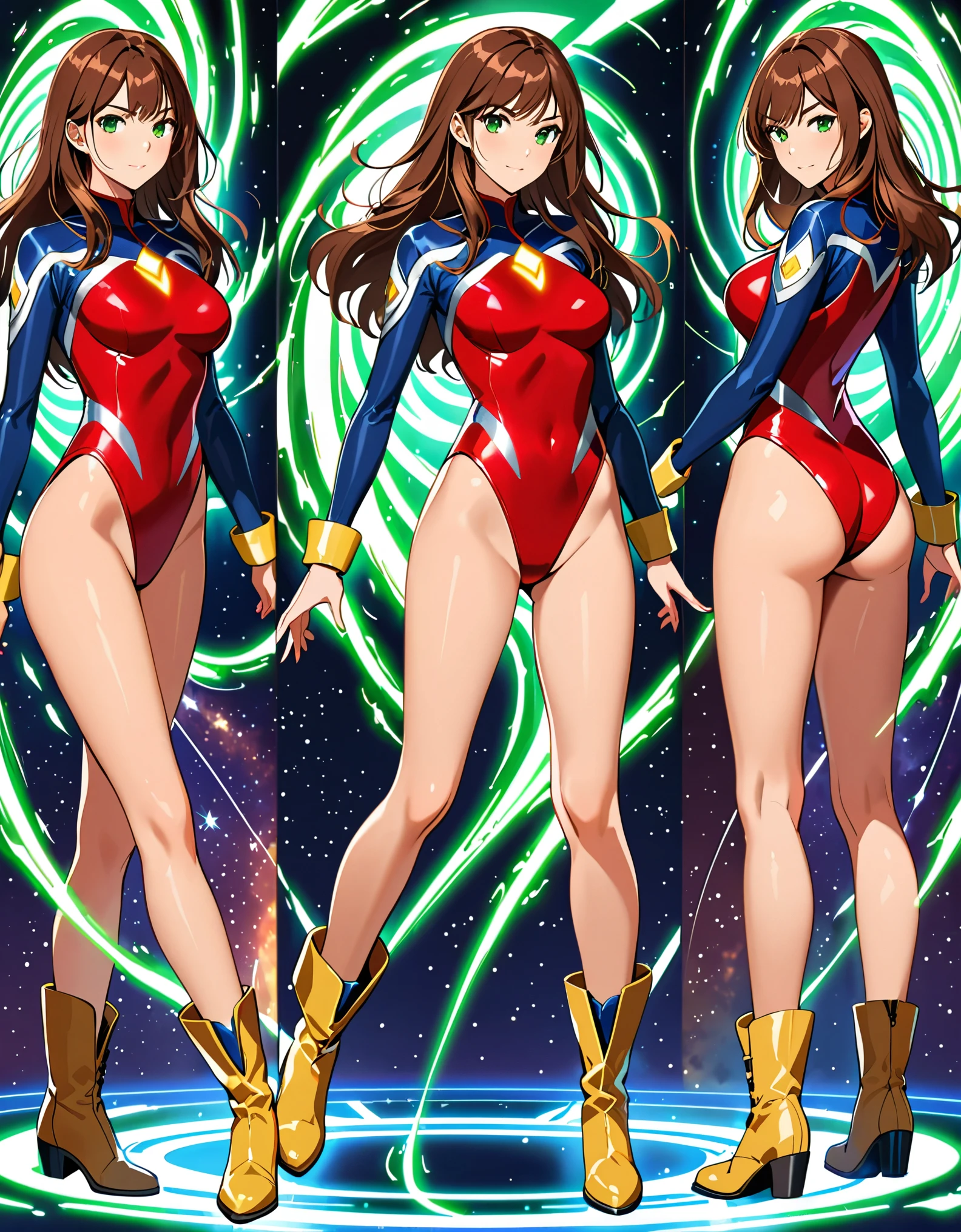 (masterpiece), (best quality), (high res), 1lady, tall body, finger proportions coordination, highly detailed, professional, beautiful detailed eyes, beautiful detailed face, perfect hands, complete fingers, perfect anatomy, perfect proportions, ((brown hair, medium hair, hair down)), ((green eyes)), ((leotard, (red leotard), matching leotard)), (bare legs), (boots, matching boots, knee-high boots, yellow boots), breasts, medium breasts, looking at viewer, solo, solo focus, standing, one hand on hip, cowboy shot, space backdrop, ((belt, fastened tight belt)), (blue sleeves, yellow cuffs), ((yellow hawk /(symbol/)) on chest), full body costume design. (T-pose, legs together). (fast spin, spins fast in place like a tornado, whirls fast in place like a tornado, tornado whirling, spiral lines around her, speed lines around her, spinning energy pulse around her, storm winds around her, whirls into a tornado, (she whirls) in (super speeds)). full body costume design. curved sword slash. she super-spins. she spins into a whirlwind, time travel, time warp.