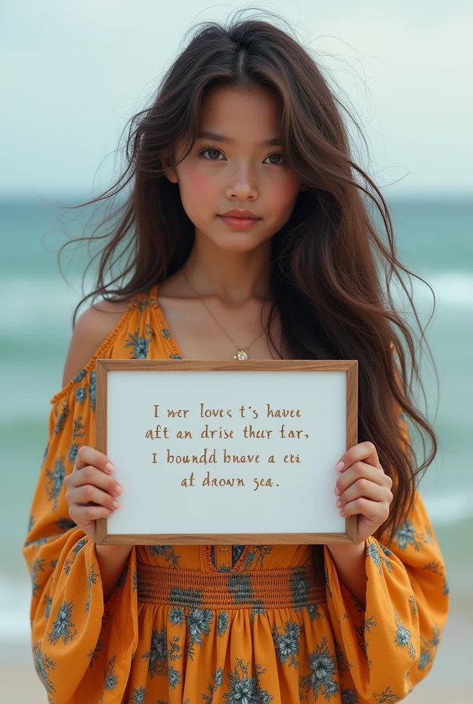 Beautiful girl with wavy long hair, bohemian dress, holding a white board with text "I Love Seaart Infinity" and showing it to the viewer