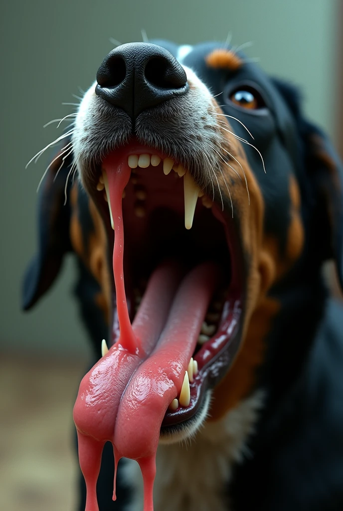 Dogs saliva drools into viewers mouth