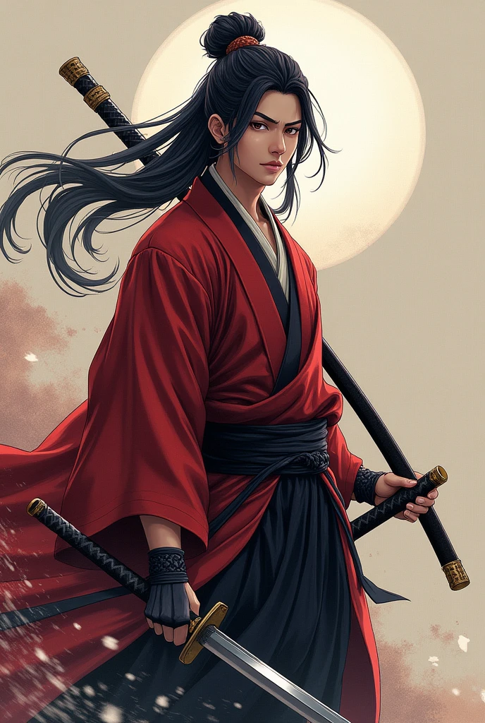 (Highest quality、 8k 、masterpiece、High resolution)、Japanese Samurai、1. Man、A young Edo period swordsman、Musashi Miyamoto、Dual-wielding master、Holding the hilt of a sword、Anime Art、(The blade is about 80cm long.、The stem is short, about 20 cm.、The sword has a rounded tsuba)、Official Art、Detailed CG、