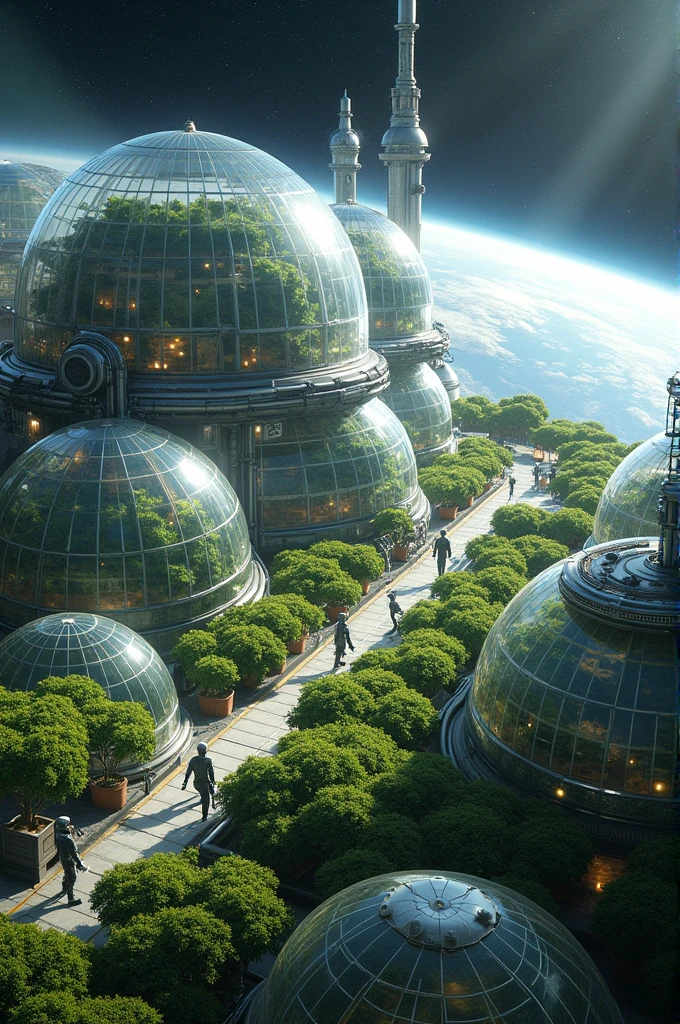 A space farming system floating in space around Earth on a large spaceship with several large glass domes. Inside, various types of plants are growing. These domes have light from the sun shining through the glass. and has an automatic watering and climate control system Robots working around