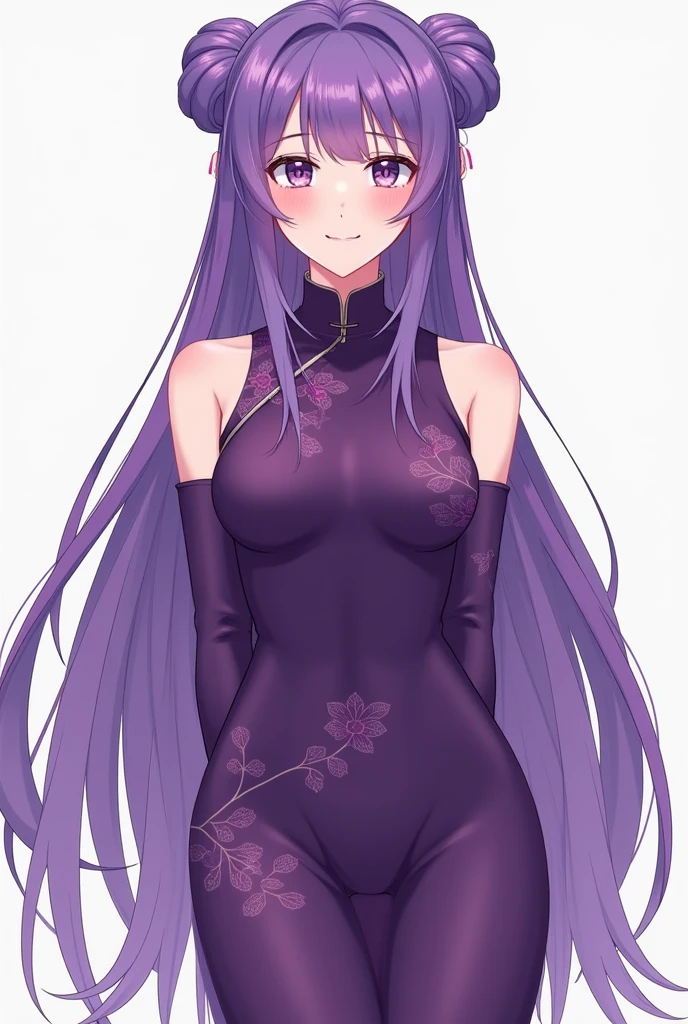 Purple hair, adult, adult face, woman, purple, Chinese dress, twin buns, whole body, toes, front, anime