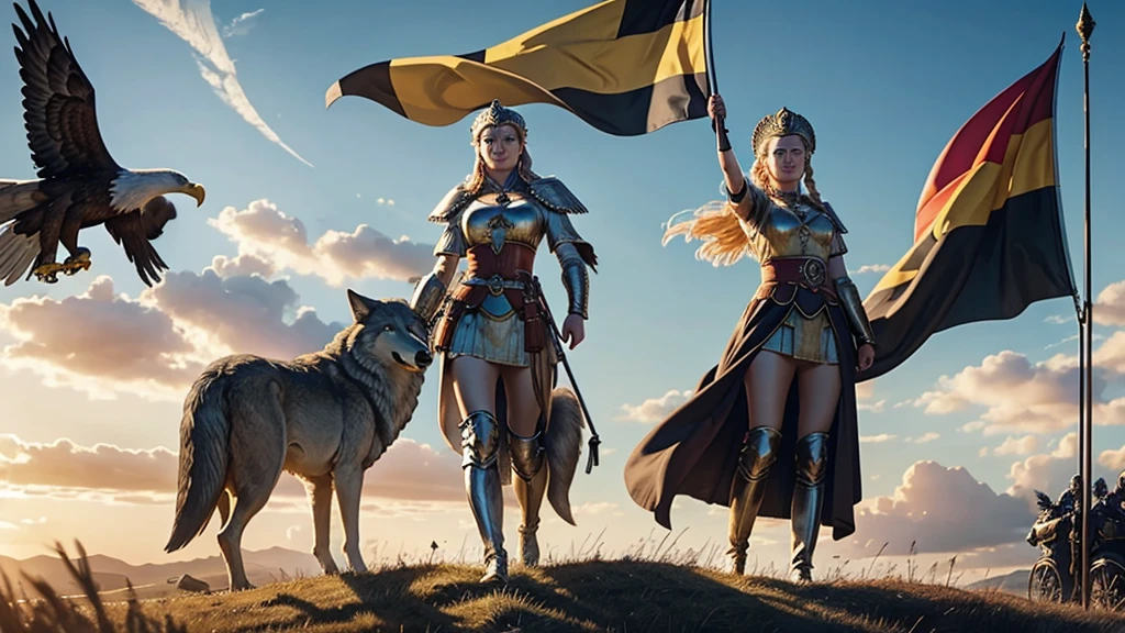 goddess germania stands on a wide field. she holds the flag of the german empire. behind her is the army of the german empire. two wolves sit at her feet and an eagle circles in the sky.